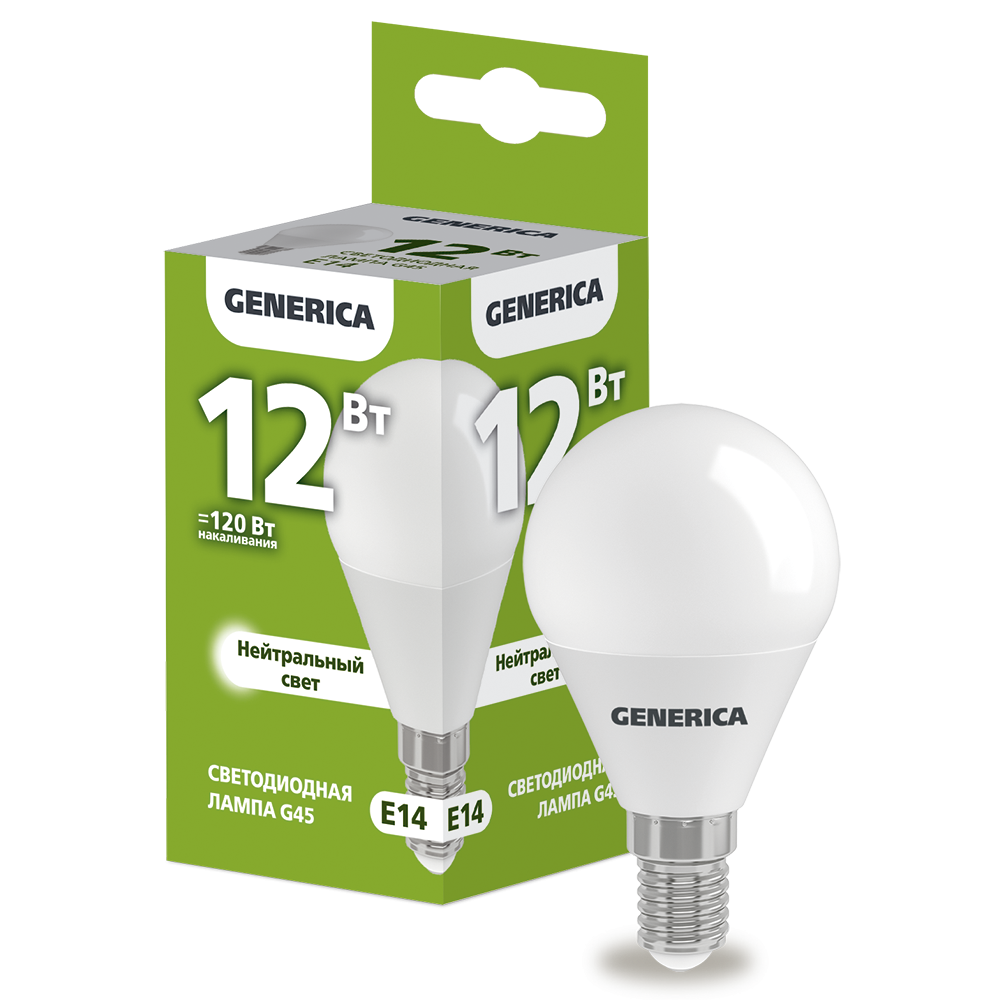 Лампа светодиодная G45 шар 12Вт 230В 4000К E14 GENERICA