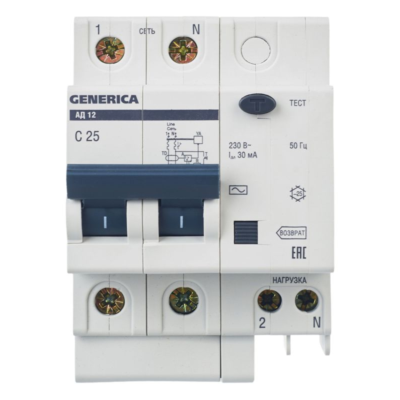 Дифференциальный автоматический выключатель АД12 2Р 25А 30мА GENERICA