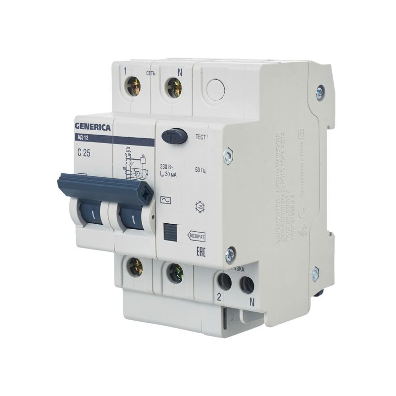 Дифференциальный автоматический выключатель АД12 2Р 25А 30мА GENERICA