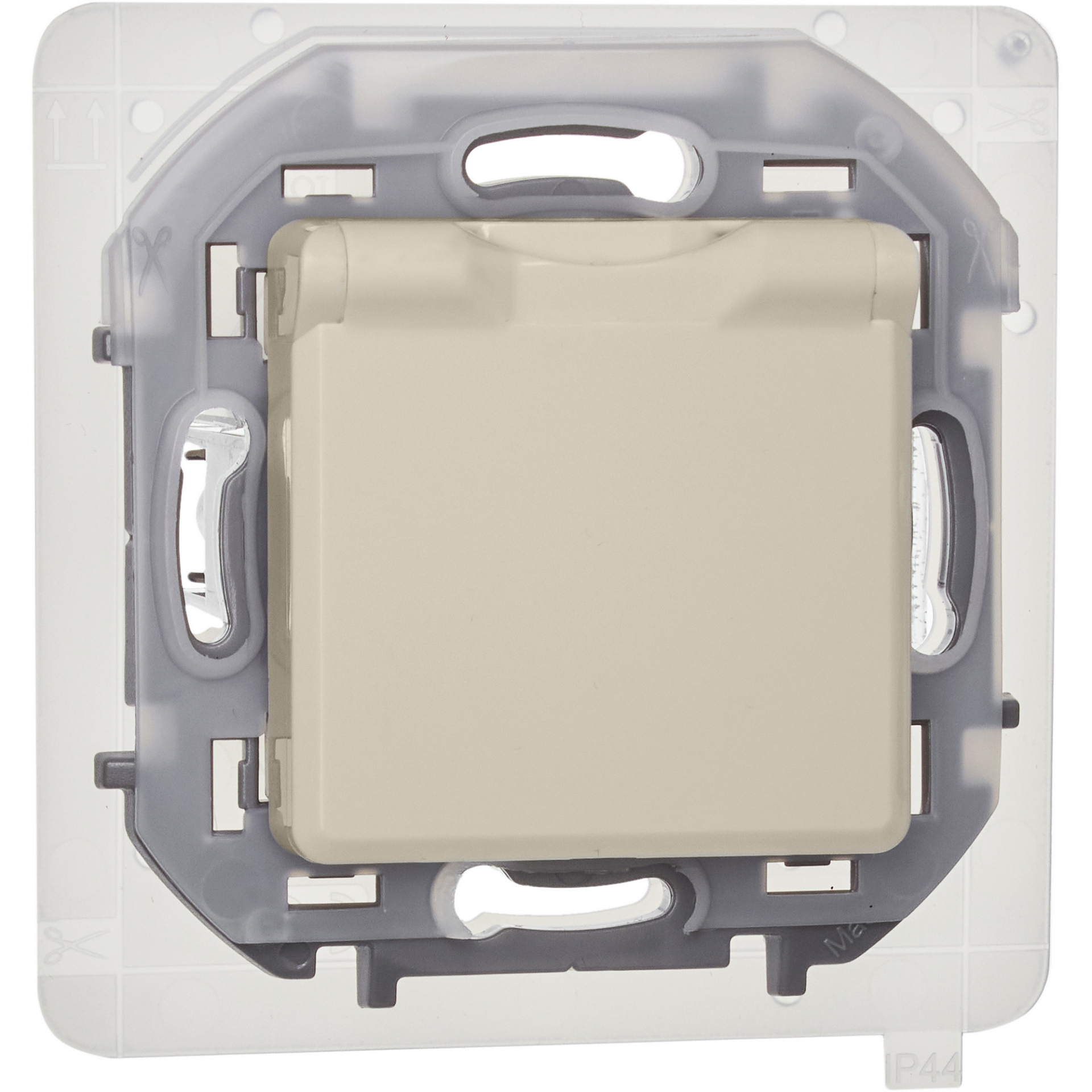 INSPIRIA Розетка 1-местная с заземлением с защитными шторками и крышкой 16А IP44 слоновая кость