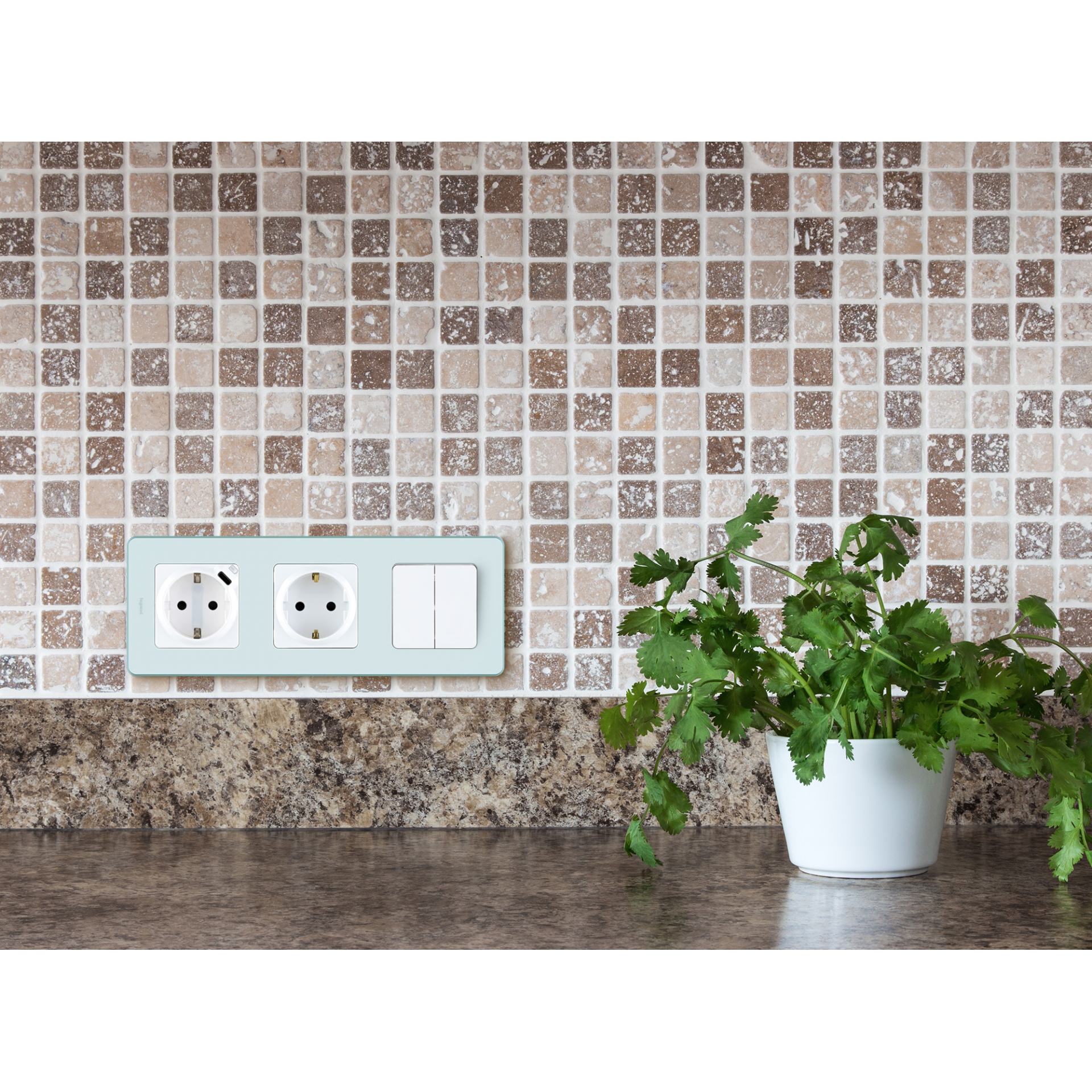 INSPIRIA Розетка 1-местная с заземлением с защитными шторками 16А с USB C 5В безвинтовое крепление белый