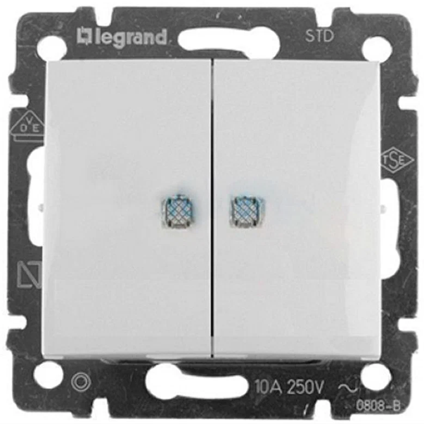 VALENA DIY Выключатель 2-клавишный с индикацией схема 5L 10АХ безвинтовые зажимы белый