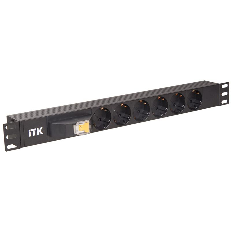 ITK PDU 6 розеток DIN49440 (нем. станд.), с автоматом на 10А, 1U, без шнура, вх. IEC320 C14, алюминиевый профиль, черный