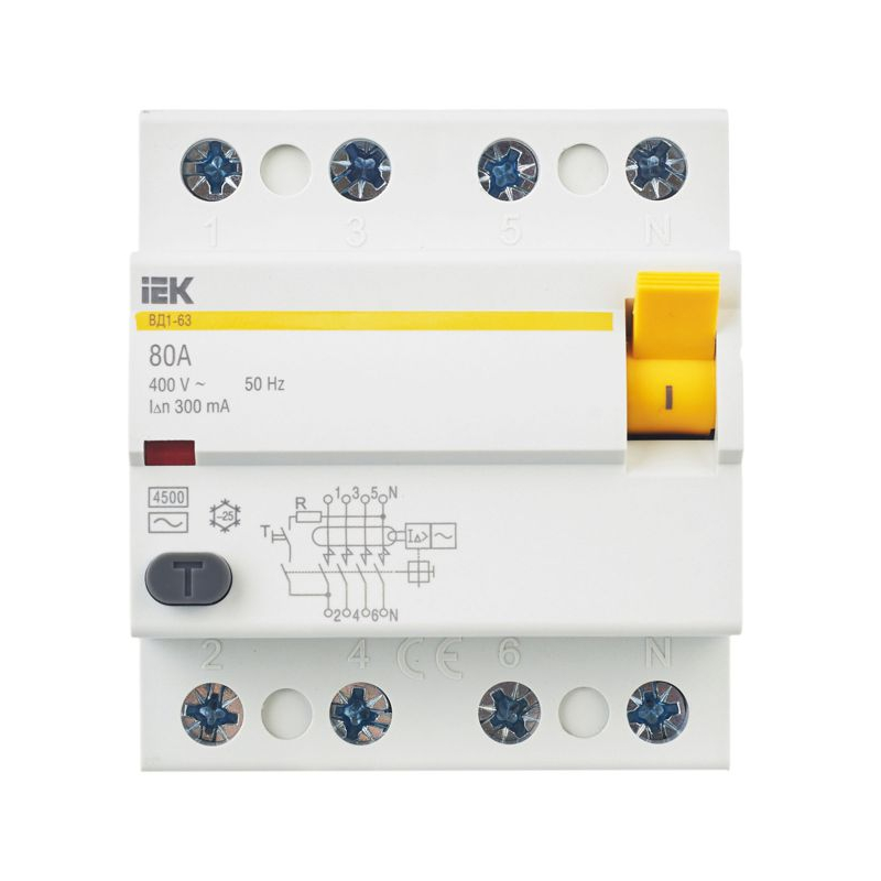 Выключатель дифференциальный (УЗО) ВД1-63 4Р 80А 300мА IEK