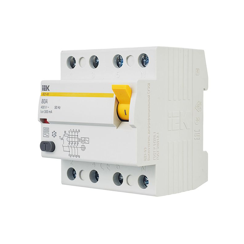 Выключатель дифференциальный (УЗО) ВД1-63 4Р 80А 300мА IEK