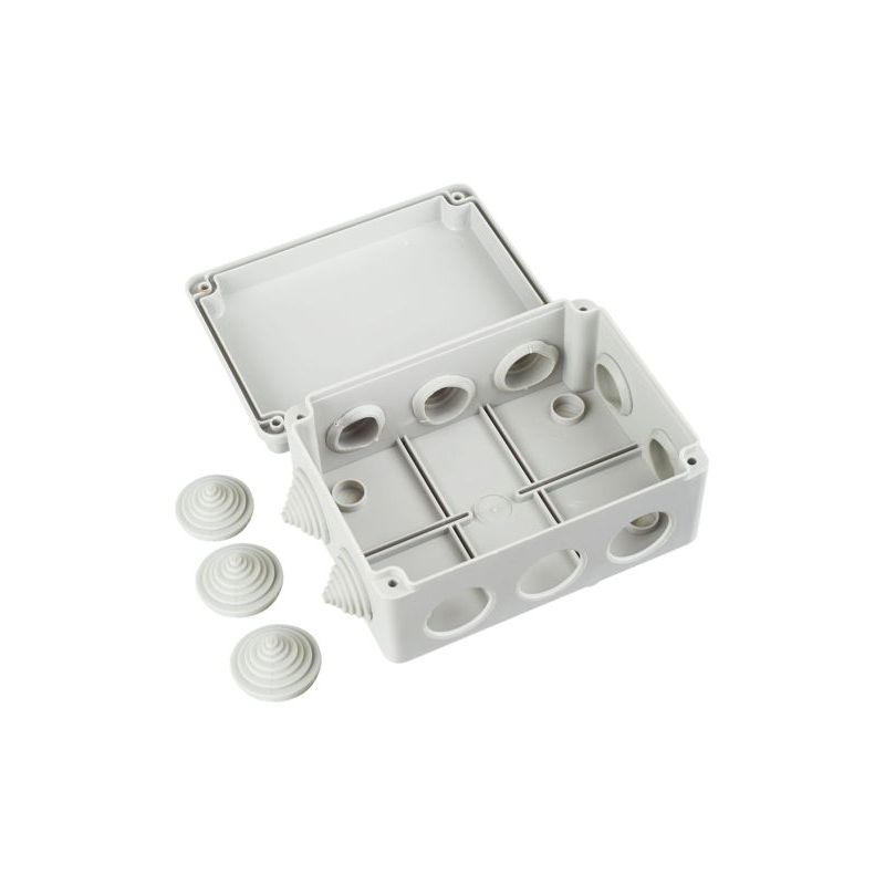 Коробка распаячная КМ41241 для открытой проводки безгалогенная (HF) 150х110х70мм IP44 10 гермовводов серая IEK