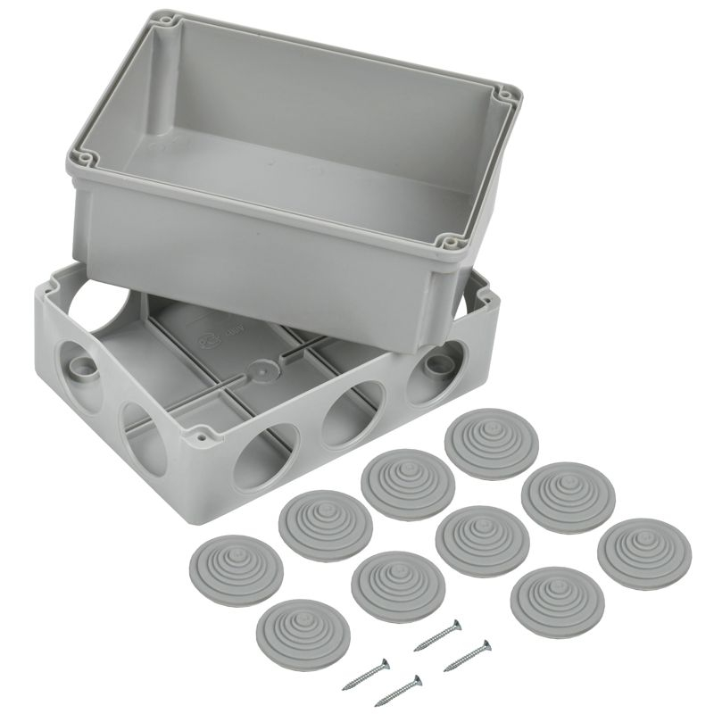 Коробка распаячная КМ41245 для открытой проводки безгалогенная (HF) 190х140х120мм IP44 10 гермовводов серая IEK