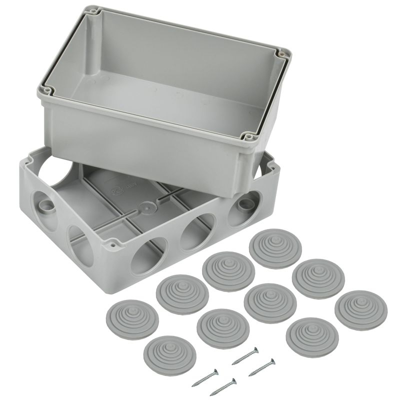 Коробка распаячная КМ41246 для открытой проводки безгалогенная (HF) 190х140х120мм IP55 10 гермовводов серая IEK