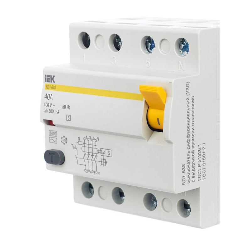 Выключатель дифференциальный (УЗО) ВД1-63S 4Р 40А 300мА IEK