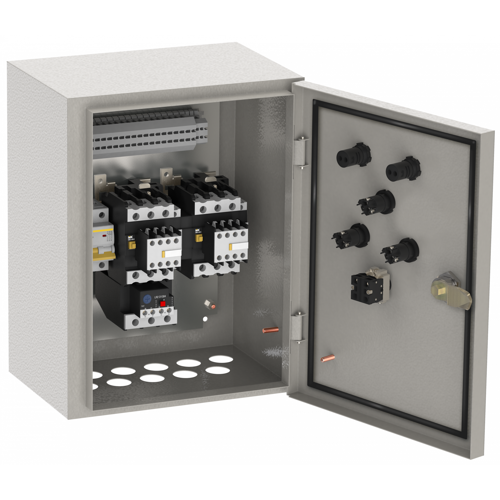 Ящик управления РУСМ5410-3774 реверсивный 1 фидер автоматический выключатель на каждый фидер без переключателя на автоматический режим 50А IP54 IEK Ящик управления РУСМ5410-3774 реверсивный 1 фидер автоматический выключатель на каждый фидер без переключателя на автоматический режим 50А IP54 IEK