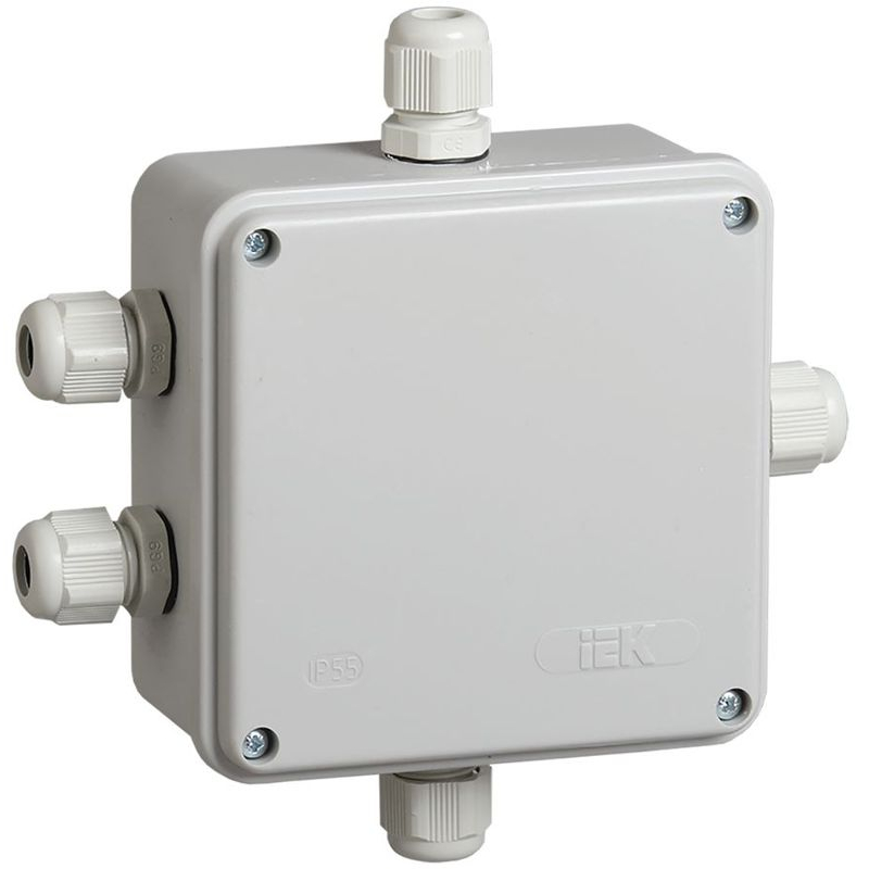 Коробка распаячная КМ41330 для открытой проводки безгалогенная (HF) 100х100х50мм IP55 5 гермовводов PG9 серая IEK
