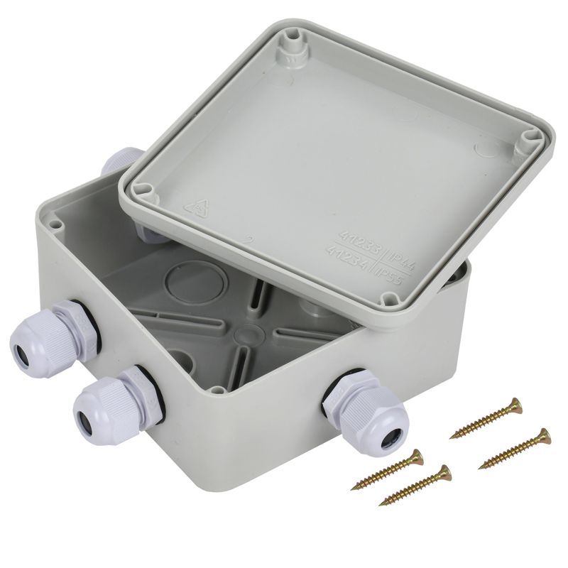 Коробка распаячная КМ41330 для открытой проводки безгалогенная (HF) 100х100х50мм IP55 5 гермовводов PG9 серая IEK