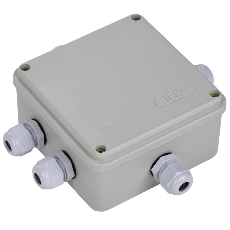 Коробка распаячная КМ41330 для открытой проводки безгалогенная (HF) 100х100х50мм IP55 5 гермовводов PG9 серая IEK