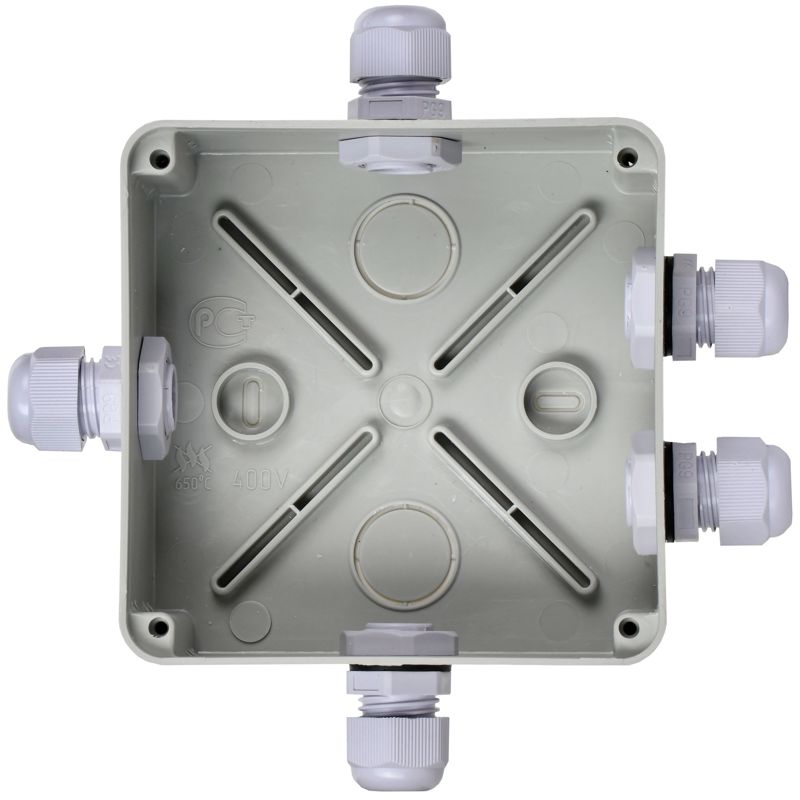 Коробка распаячная КМ41330 для открытой проводки безгалогенная (HF) 100х100х50мм IP55 5 гермовводов PG9 серая IEK