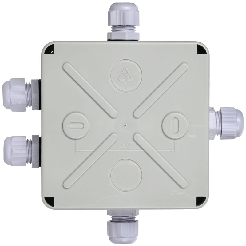 Коробка распаячная КМ41330 для открытой проводки безгалогенная (HF) 100х100х50мм IP55 5 гермовводов PG9 серая IEK