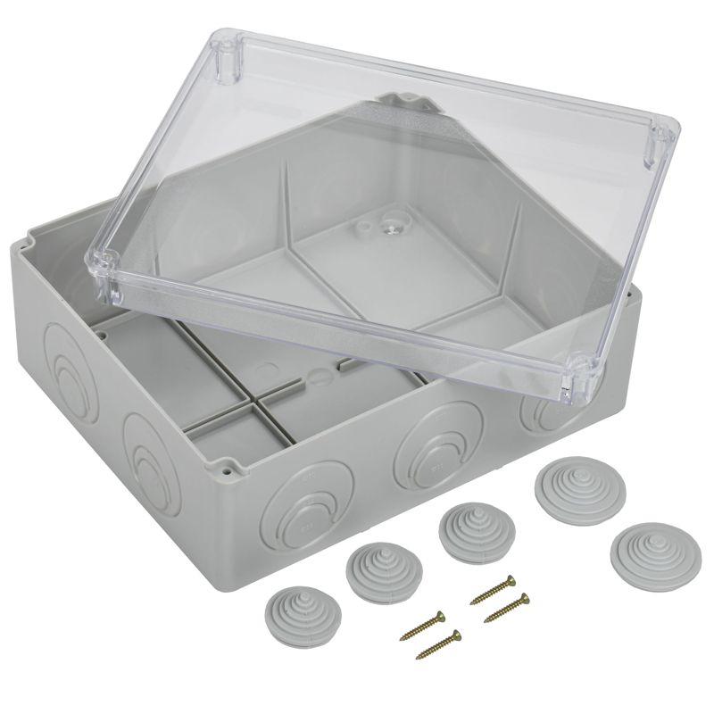 Коробка распаячная КМ41275 для открытой проводки безгалогенная (HF) 240х195х90мм с прозрачной крышкой IP44 5 вводов RAL 7035 IEK