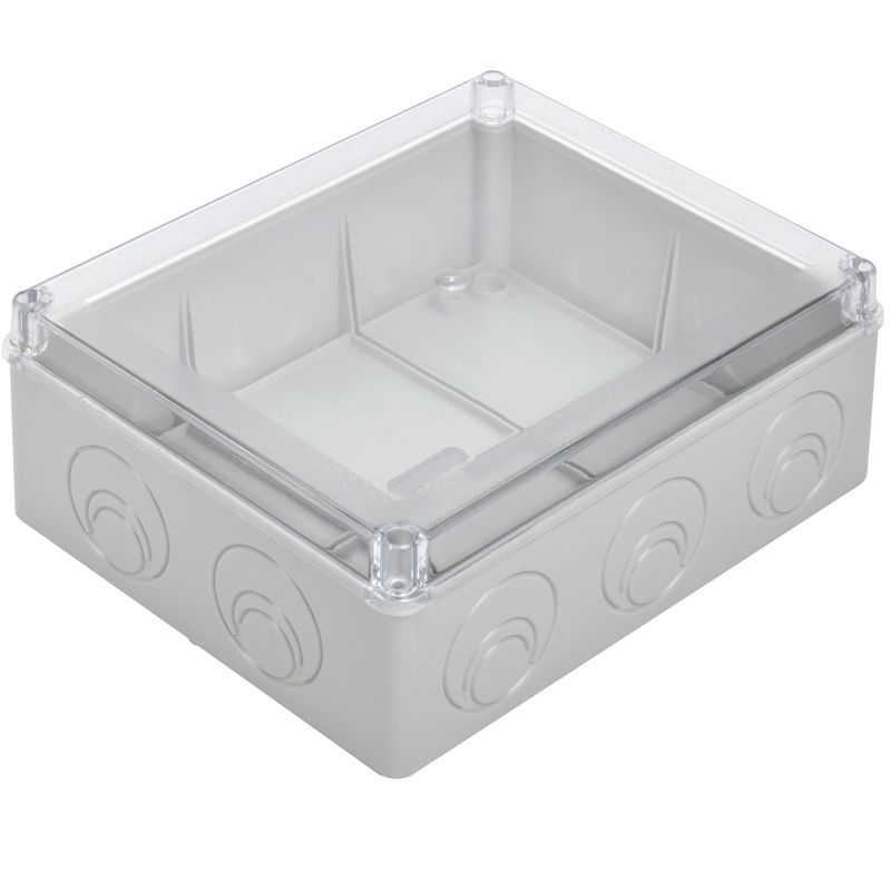 Коробка распаячная КМ41275 для открытой проводки безгалогенная (HF) 240х195х90мм с прозрачной крышкой IP44 5 вводов RAL 7035 IEK