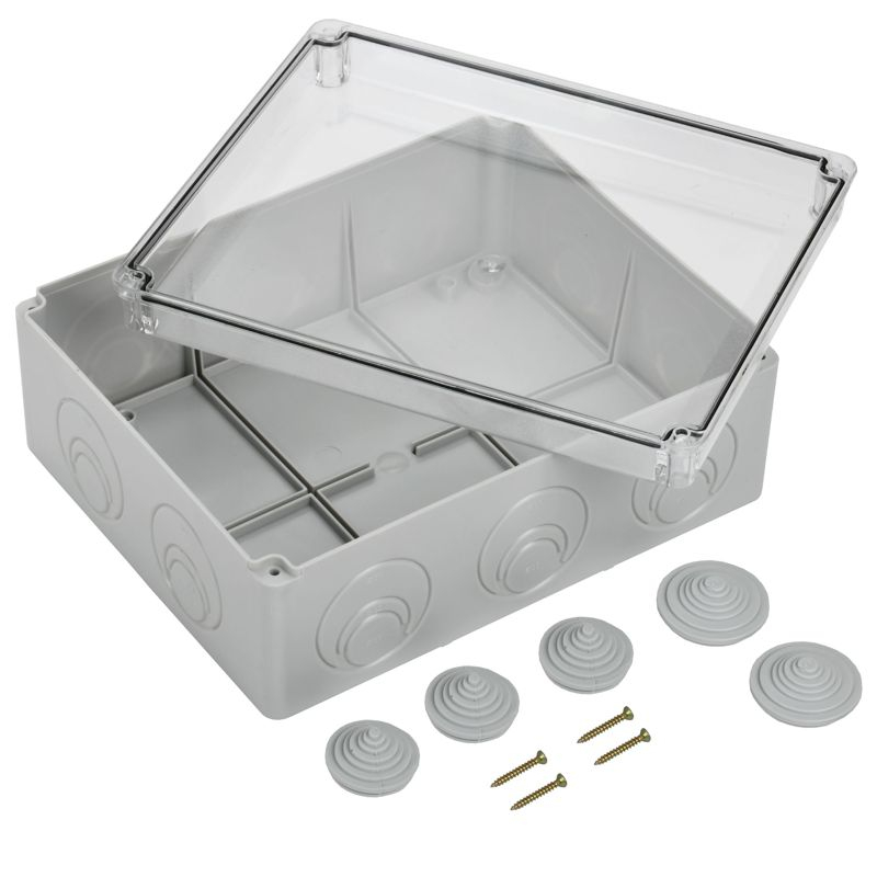 Коробка распаячная КМ41276 для открытой проводки безгалогенная (HF) 240х195х90мм с прозрачной крышкой IP55 5 вводов RAL 7035 IEK