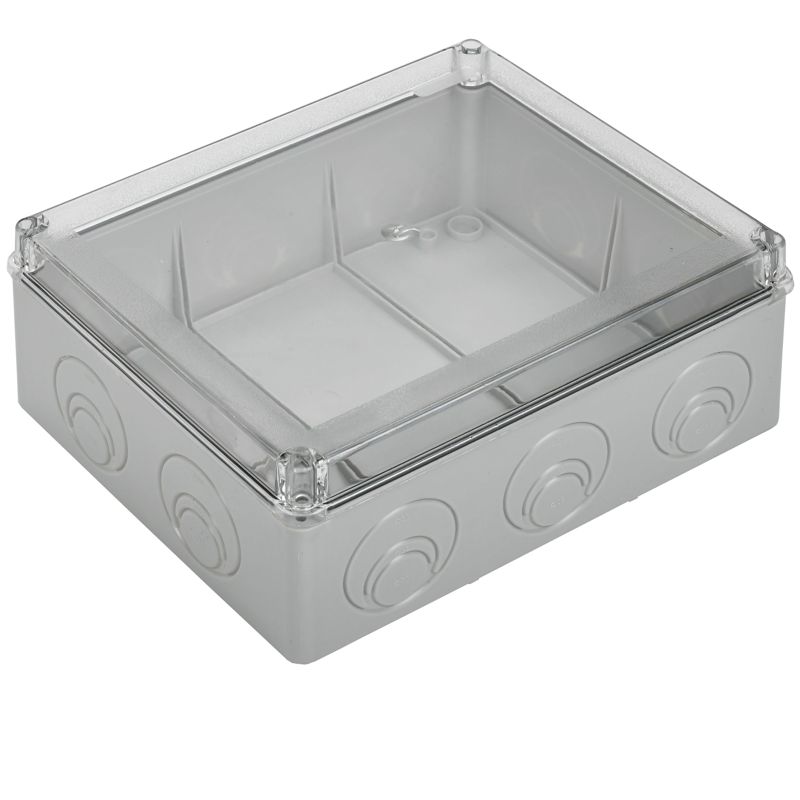 Коробка распаячная КМ41276 для открытой проводки безгалогенная (HF) 240х195х90мм с прозрачной крышкой IP55 5 вводов RAL 7035 IEK