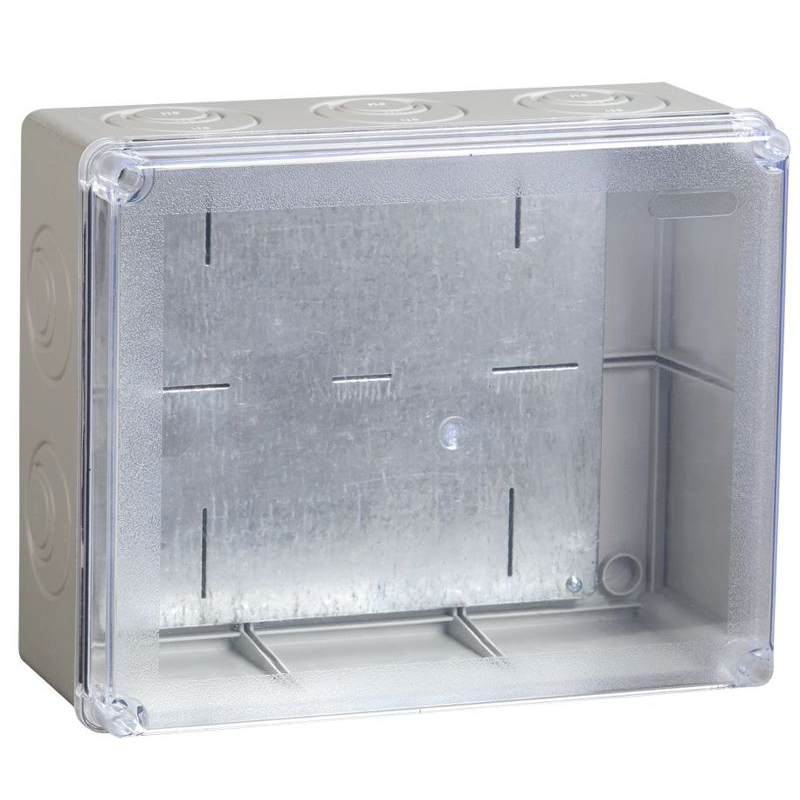 Коробка распаячная КМ41346 для открытой проводки безгалогенная (HF) 240х195х90мм с монтажной платой с прозрачной крышкой IP55 5 вводов серая IEK