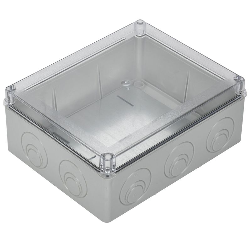 Коробка распаячная КМ41346 для открытой проводки безгалогенная (HF) 240х195х90мм с монтажной платой с прозрачной крышкой IP55 5 вводов серая IEK