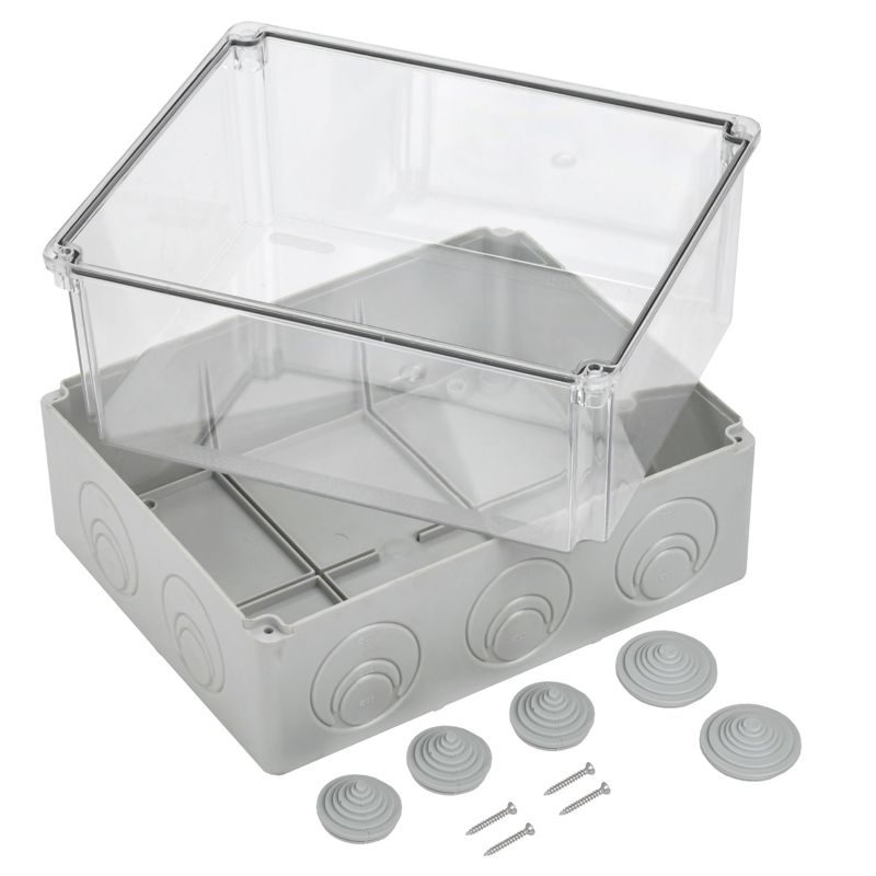 Коробка распаячная КМ41278 для открытой проводки безгалогенная (HF) 240х195х165мм с прозрачной крышкой IP55 5 вводов RAL 7035 IEK