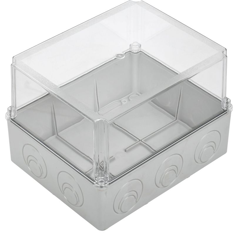 Коробка распаячная КМ41278 для открытой проводки безгалогенная (HF) 240х195х165мм с прозрачной крышкой IP55 5 вводов RAL 7035 IEK