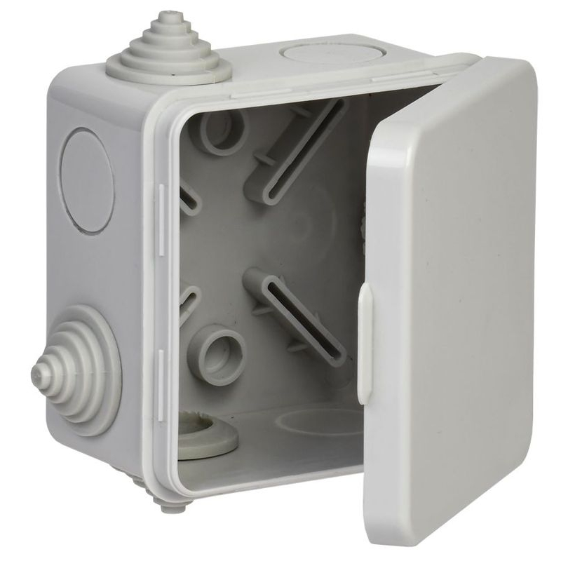 Коробка распаячная КМ41238 для открытой проводки безгалогенная (HF) 80х80х50мм с откидной крышкой IP54 7 гермовводов серая IEK