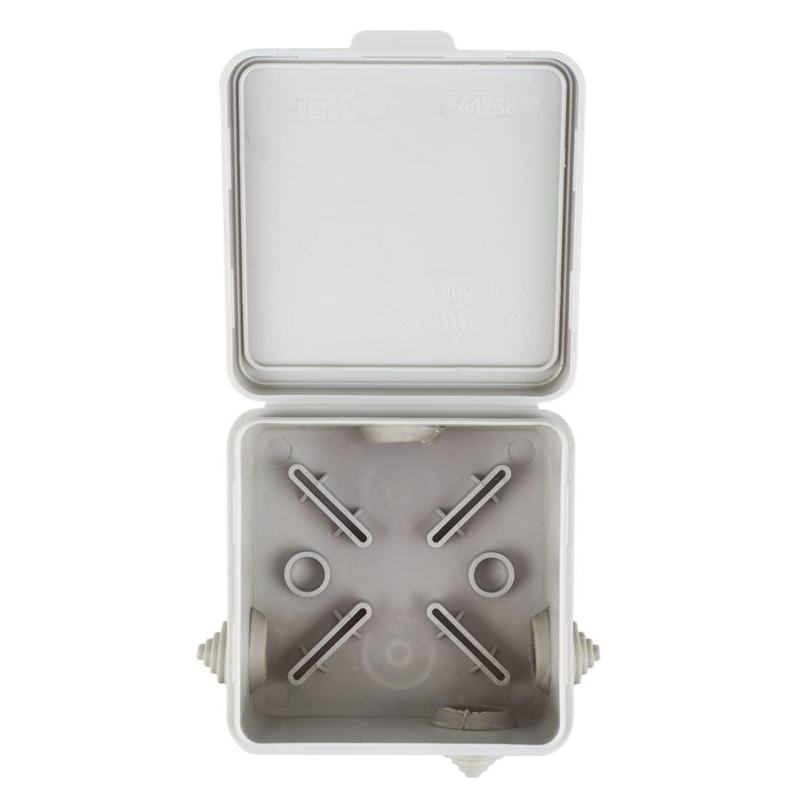 Коробка распаячная КМ41238 для открытой проводки безгалогенная (HF) 80х80х50мм с откидной крышкой IP54 7 гермовводов серая IEK