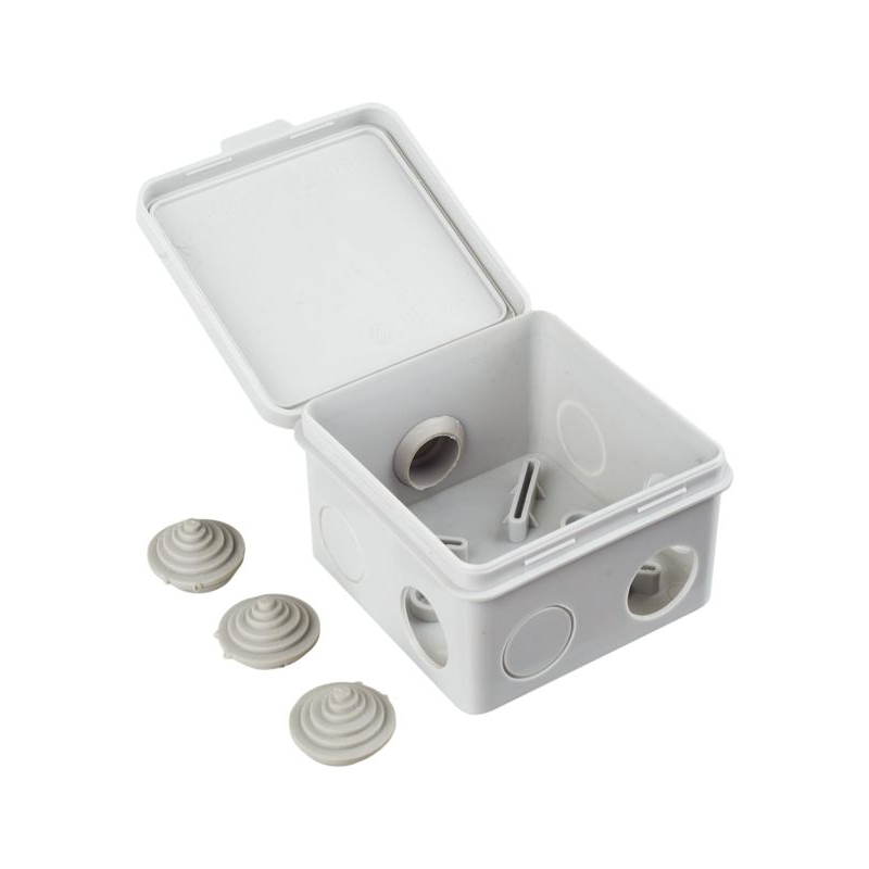 Коробка распаячная КМ41238 для открытой проводки безгалогенная (HF) 80х80х50мм с откидной крышкой IP54 7 гермовводов серая IEK