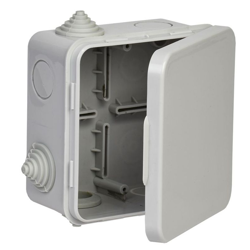 Коробка распаячная КМ41256 для открытой проводки безгалогенная (HF) 100х100х50мм с откидной крышкой IP54 8 гермовводов серая IEK