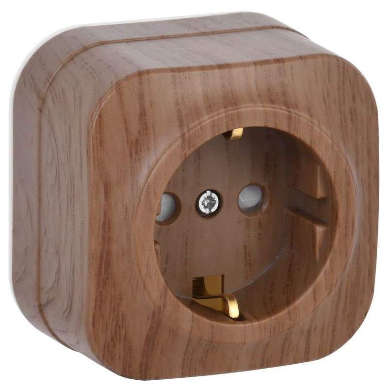 GLORY Розетка 1-местная для открытой установки с заземлением с защитными шторками 16А РСш20-3-ХД дуб IEK