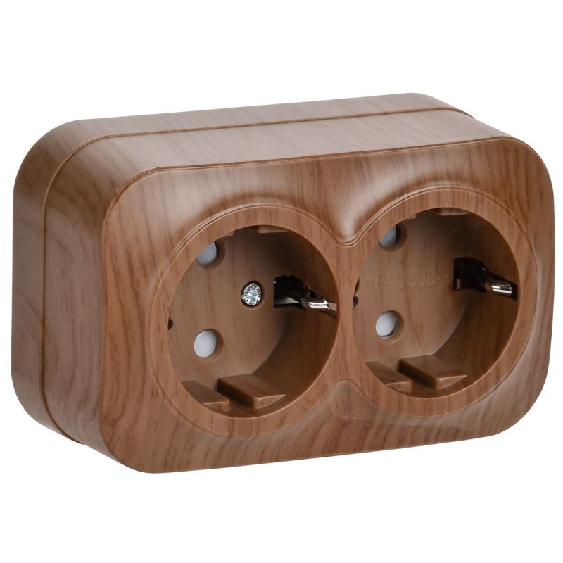 GLORY Розетка 2-местная для открытой установки с заземлением с защитными шторками 16А РСш22-3-ХД дуб IEK