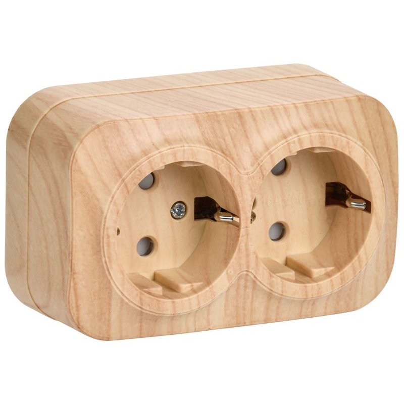 GLORY Розетка 2-местная для открытой установки с заземлением с защитными шторками 16А РСш22-3-ХС сосна IEK