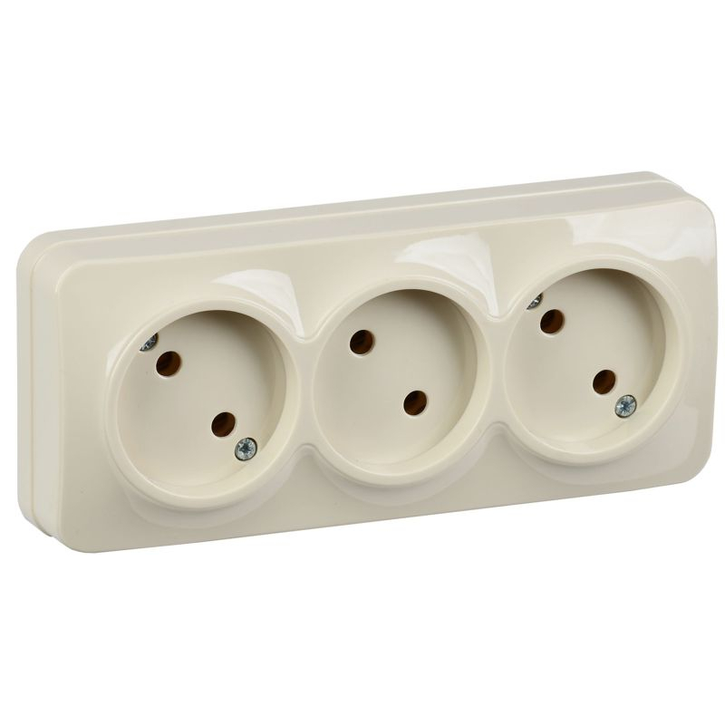 GLORY Розетка 3-местная для открытой установки без заземления без защитных шторок 10А РС23-2-ХК кремовый IEK