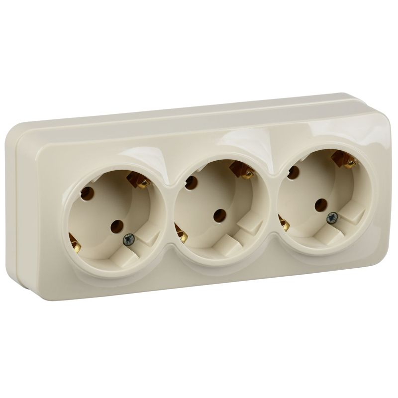 GLORY Розетка 3-местная для открытой установки с заземлением без защитных шторок 16А РС23-3-ХК кремовый IEK