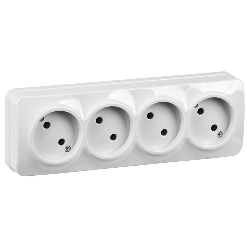 GLORY Розетка 4-местная для открытой установки без заземления без защитных шторок 10А РС24-2-ХБ белый IEK