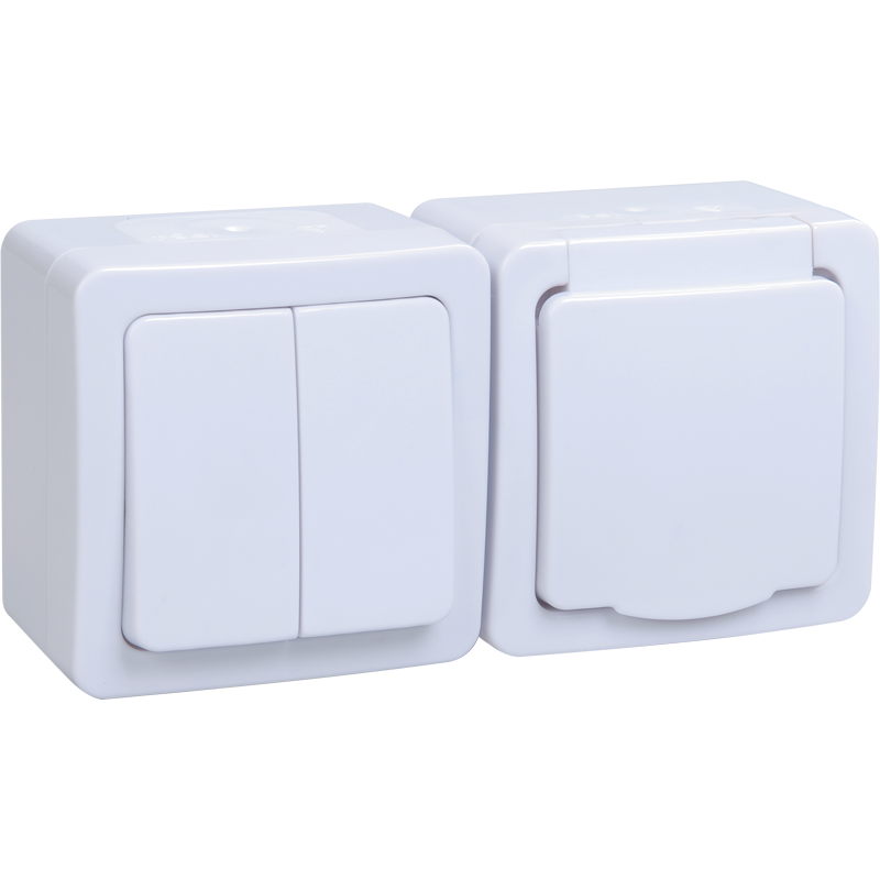 Блок горизонтальный для открытой установки БГб-22-32-ГПБб (Выключатель 2-клавишный + розетка 1-местная с заземляющим контактом) IP54 ГЕРМЕС PLUS (белый/белый) IEK