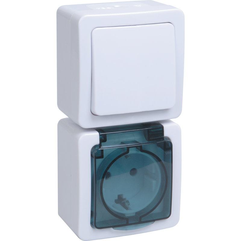 Блок вертикальный для открытой установки БВб-22-31-ГПБд (Выключатель 1-клавишный + розетка 1-местная с заземляющим контактом) IP54 ГЕРМЕС PLUS (белый/дымчатый) IEK