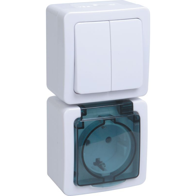 Блок вертикальный для открытой установки БВб-22-32-ГПБд (Выключатель 2-клавишный + розетка 1-местная с заземляющим контактом) IP54 ГЕРМЕС PLUS (белый/дымчатый) IEK