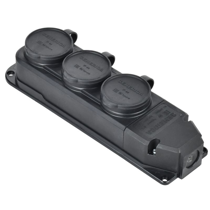 Розетка (колодка) трехместная с защитной крышкой IP44 каучук черная GENERICA