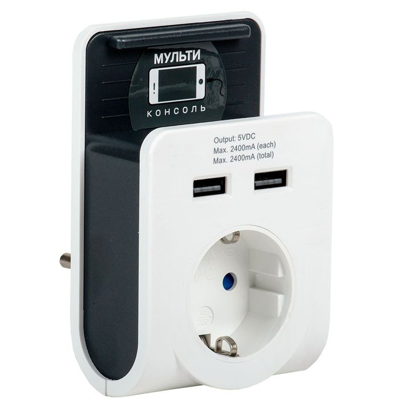 Адаптер Т-02/01 1 место с заземлением 16А 2хUSB 2,4А с подставкой белый IEK