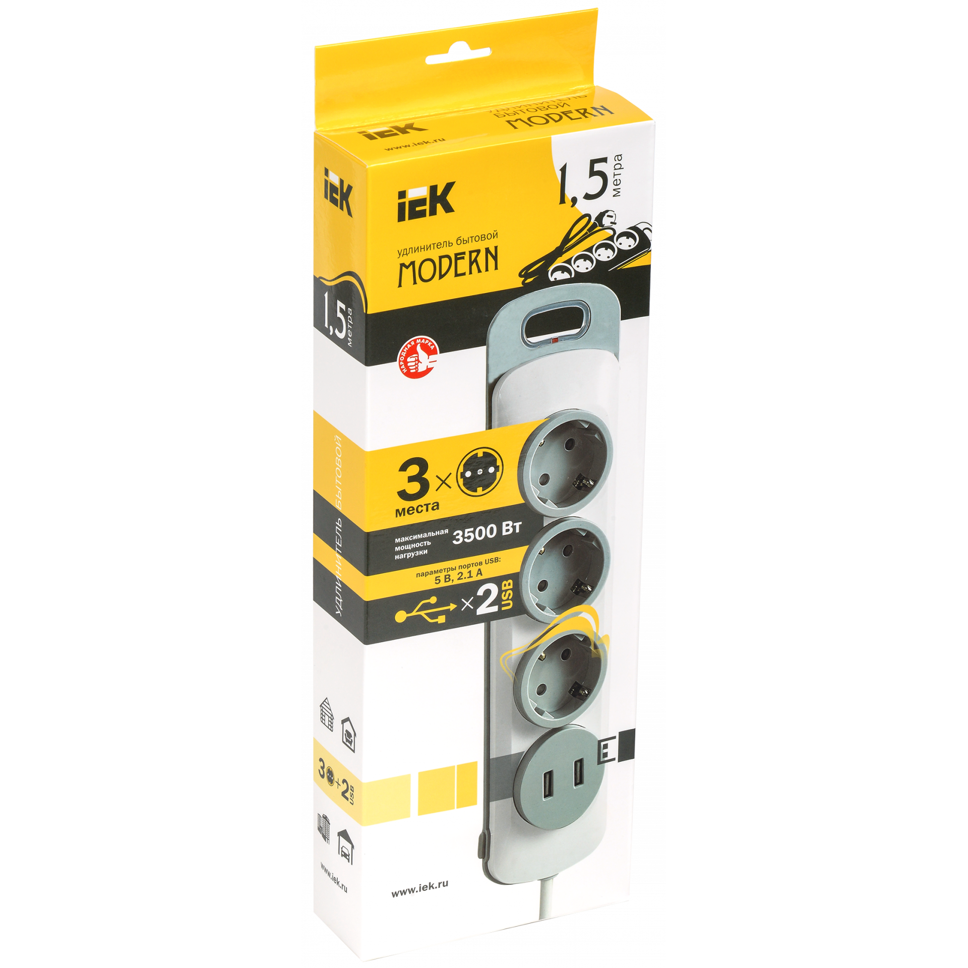 Удлинитель У03В 3 места 2P+PE/1,5м 3х1мм2 16А/250В USBх2 MODERN IEK