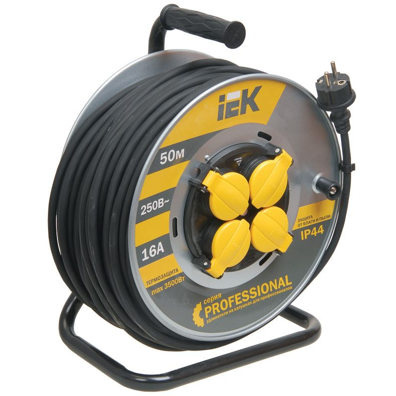 Катушка УК50 4 места IP44 с заземлением с термозащитой КГ 3х2,5мм2 на металлическом барабане Professional 50м IEK