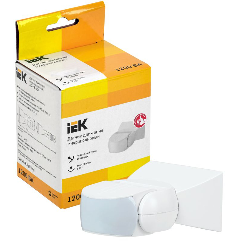 Датчик движения ДД-МВ501 1200Вт 180град 15м IP65 белый IEK