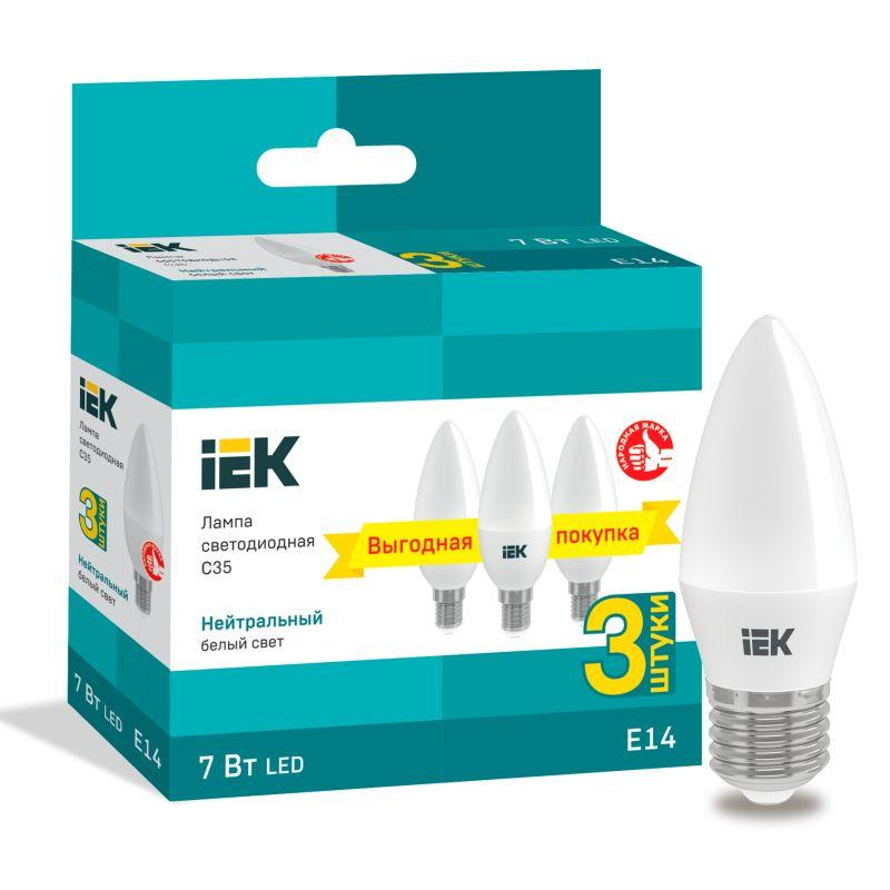 Лампа светодиодная C35 свеча 7Вт 230В 4000К E14 (3шт/упак) IEK