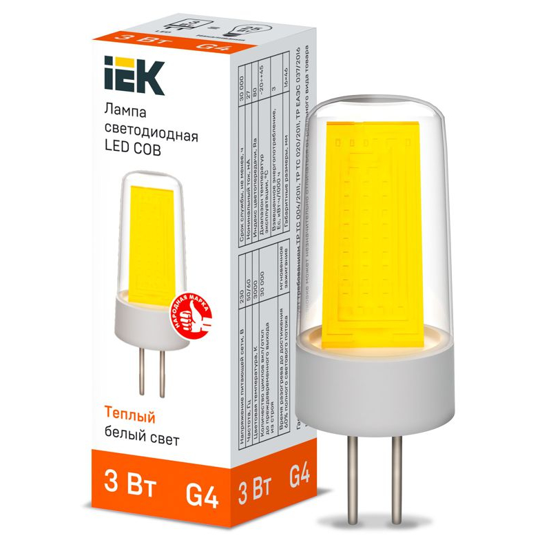 Лампа светодиодная COB капсула 3Вт 230В 3000К керамика G4 IEK