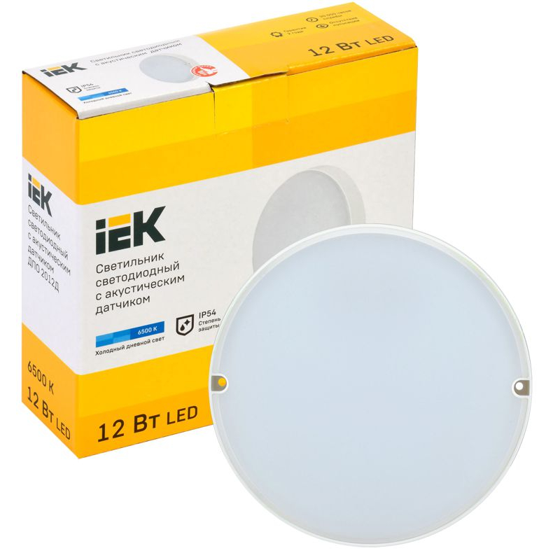 Светильник светодиодный ДПО 2012Д 12Вт IP54 6500К круг белый с акустическим датчиком IEK