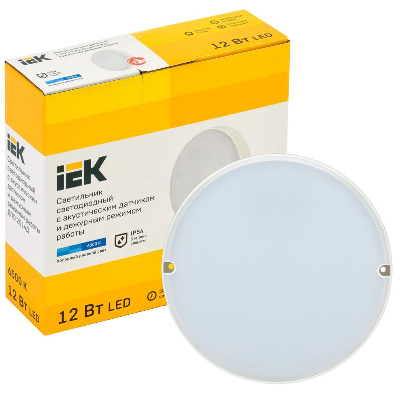 Светильник светодиодный ДПО 2014Д 12Вт IP54 6500К дежурный режим круг белый с акустическим датчиком IEK