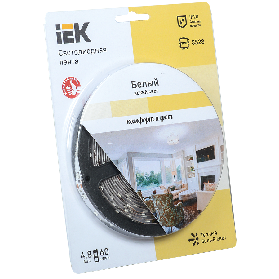 Лента светодиодная 5м блистер LSR-3528WW60-4.8-IP20-12V IEK-eco